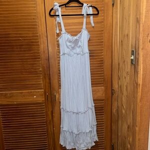 She & sky maxi dress in blue with a ruffle trim and bow